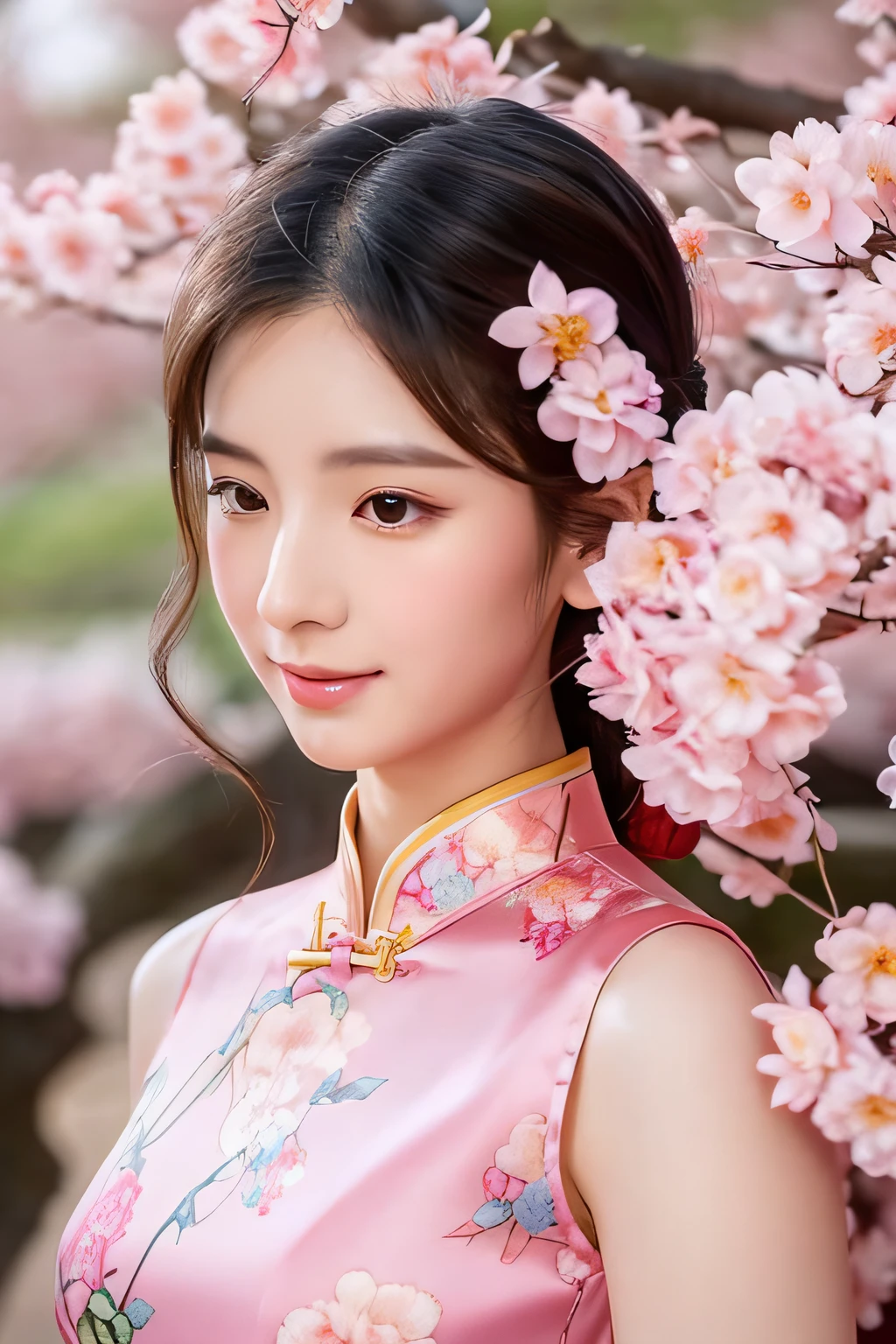 a close up of a drawing of a woman in a dress,Flowers in the hair, Cheongsam, Chinese dress, flowing sakura silk, Chinese style, gorgeous chinese models, Chinese girl, flowing sakura-colored silk, Ethereal beauty, Lovely woman, elegant japanese woman, cute elegant pose, wearing pink floral gown