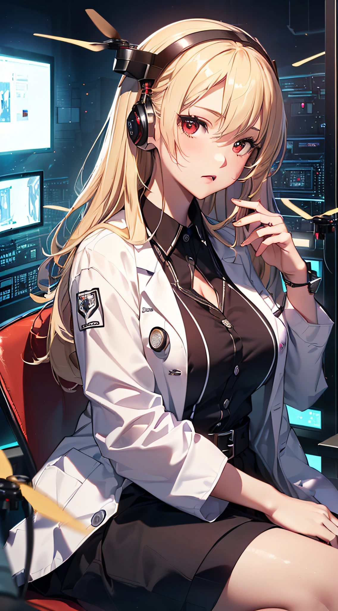 top-quality、Top image quality、masterpiece、girl with((Beautiful fece、18year old、Best Bust、big bast、Bust 85,Red eyes to issue、Breasts wide open,Valley、Blonde long hair、A slender、Outerwear lab coat、Black Y-shirt with open buttons、a black skirt、Black spats,Be at the front、sit a chair、Large valleys)hiquality、Beautiful Art、Background with((Cyber Laboratories,Many flying drones、darkened room)),Depth((Numerous monitors))masutepiece、Elaborate design、visualart、depth of fields、