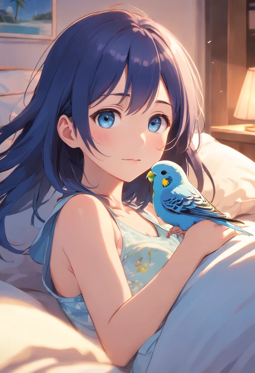 Best quality,4K,8K,A high resolution,masutepiece:1.2),Ultra-detailed, in a house、Sleeping on the Bed、Early morning sun exposure and place to wake up、A gentle smile stares at the budgie,Only a little fluttering button pajamas、Budgies singing and waking up、With a beautiful song、Beautiful,Beautiful detailed eyes,Blue budgie,soft blue eyes,sportrait,Subtle tones,Soft lighting