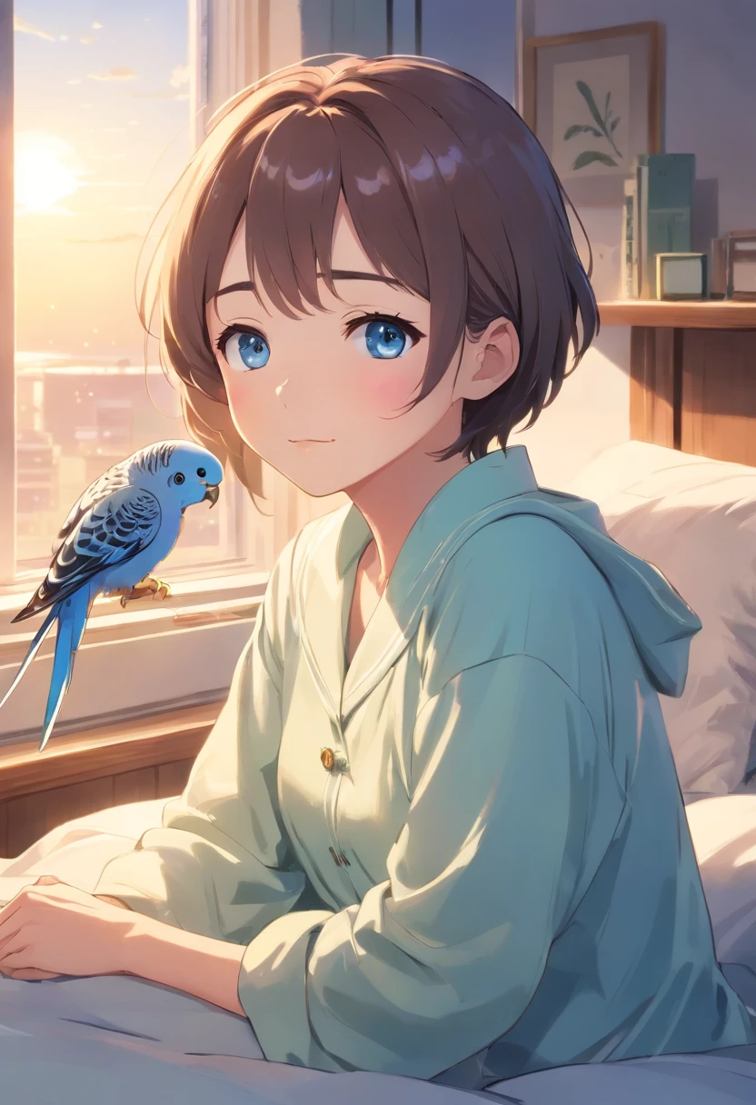 Best quality,4K,8K,A high resolution,masutepiece:1.2),Ultra-detailed, in a house、Sleeping on the Bed、Early morning sun exposure and place to wake up、A gentle smile stares at the budgie,Only a little fluttering button pajamas、Budgies singing and waking up、With a beautiful song、Beautiful,Beautiful detailed eyes,Blue budgie,soft blue eyes,sportrait,Subtle tones,Soft lighting