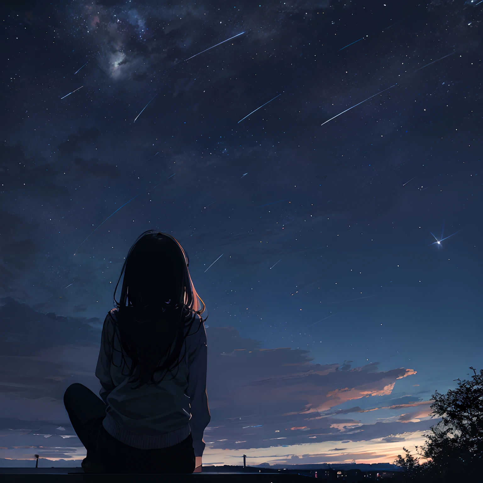 octans, sky, star (sky), scenery, starry sky, night, 1girl, night sky, solo, outdoors, building, cloud, milky way, sitting, tree, long hair, city, silhouette, cityscape
