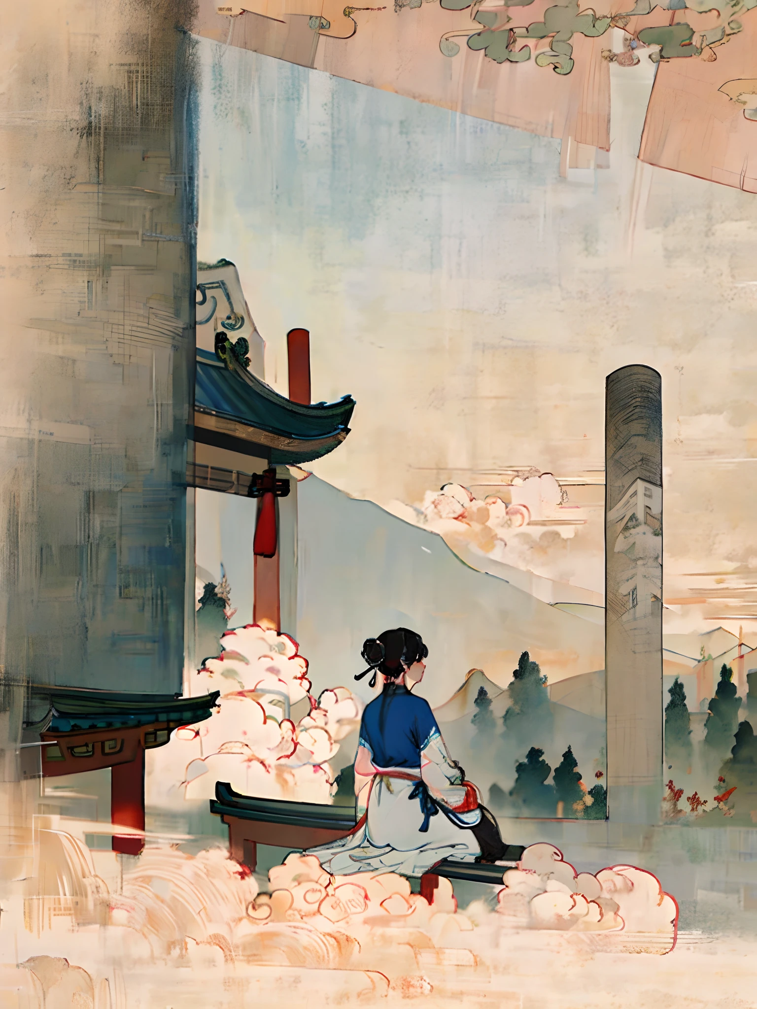 ancient wind,White clothes,girl,Meditate,The warm,Sun in the background,the detail,Exquisitely,Chinese painting style,SENSE OF CINEMA,4k,(RAW photos,best qualtiy),(realisticlying,photograph realistic:1.3),Extremely refined and beautiful,astounding,finedetail,tmasterpiece,hyper-detailing,A high resolution,(Most Best Illustration),(best shadow),iintricate, One wears a white see-through robe,Beautiful female Taoist priest with bun,Sitting on the eaves of the Taoist temple,There are pavilions in the distance、Towers and mountains in the distance,It is decorated with floating clouds,(Dragon in the background:1.3)、the sunset、storming、 sharp fokus, volume fog, 8K UHD, digital SLR camera, high qulity, (filmgrain:1.4), 富士XT3,