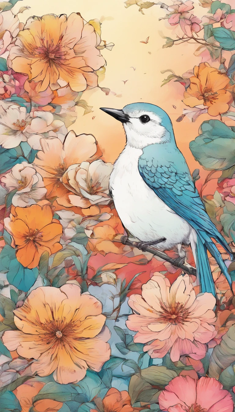 Flowers and birds, japan manga style, sketching, aquarelle