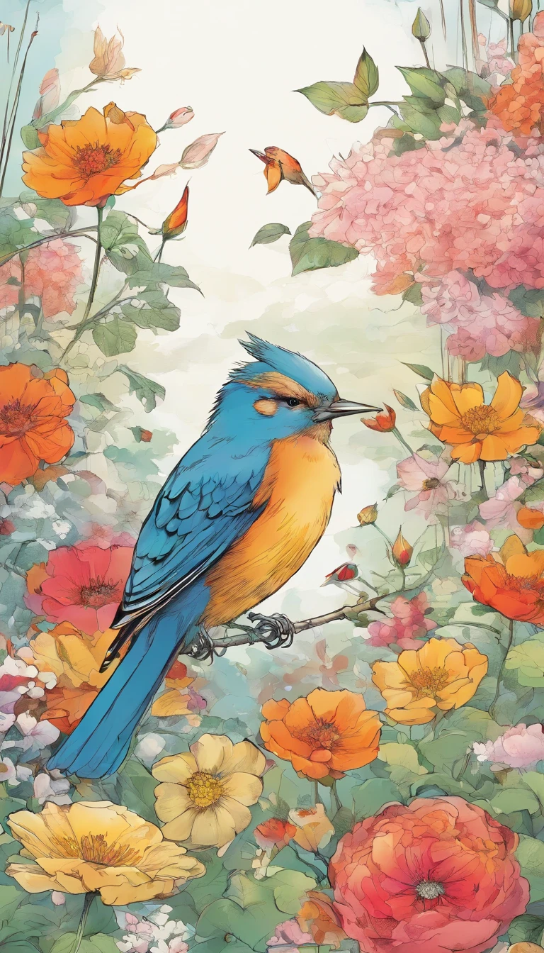 Flowers and birds, japan manga style, sketching, aquarelle