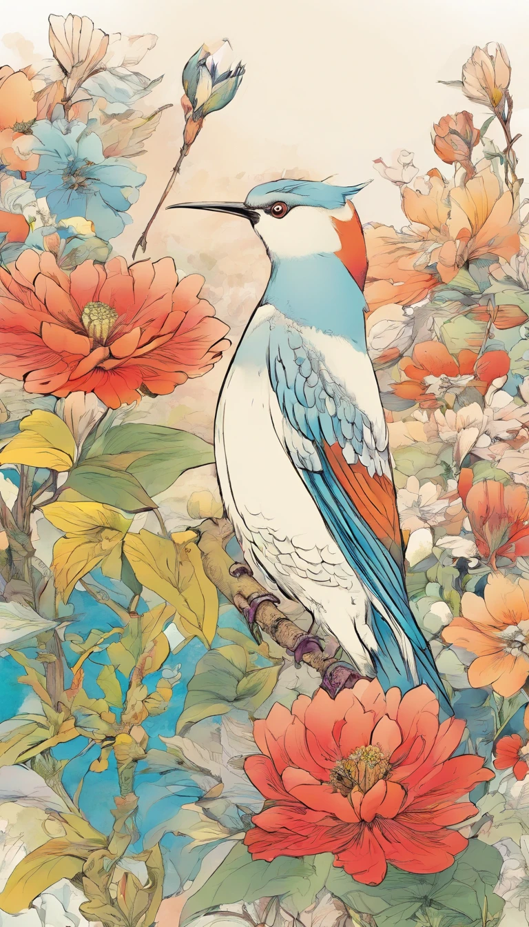 Flowers and birds, japan manga style, sketching, aquarelle