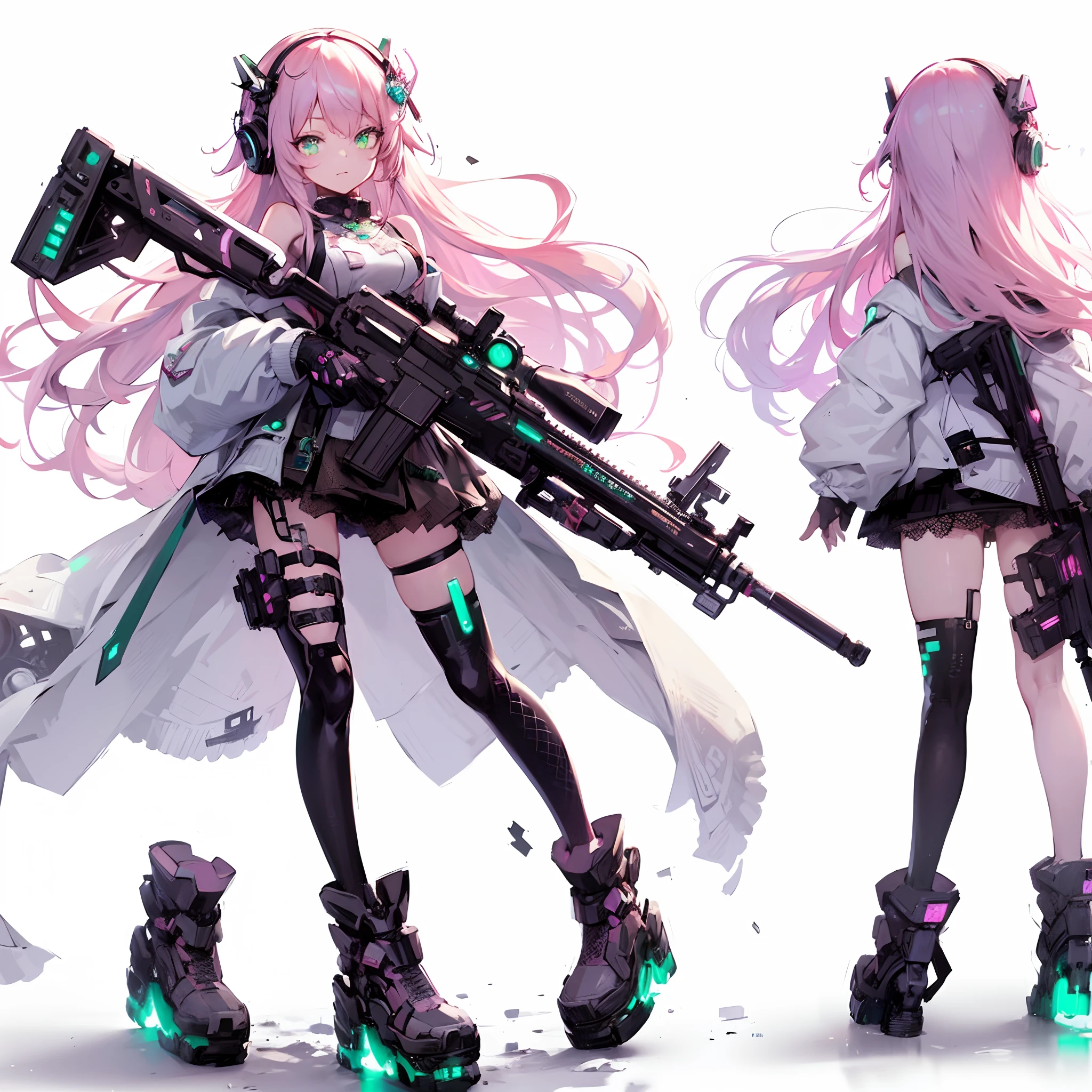 (masutepiece, Best Quality), Ultra-detailed, Anime style, Full body, cyber punk Girl, Gripping a high-tech rifle, Pink hair, Glowing green eyes, Wearing a magical girl costume , 8K High Resolution, trend artstation, White background, Standing in the wasteland, Whole body,
