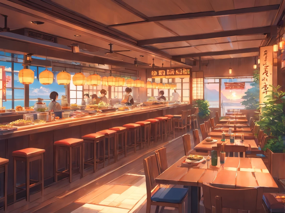 Lots of details, 8K, Fantasy, without people, japanese restaurant, japan, side view, room, table, food, without chairs, Empty room, Table Only, Japanese style