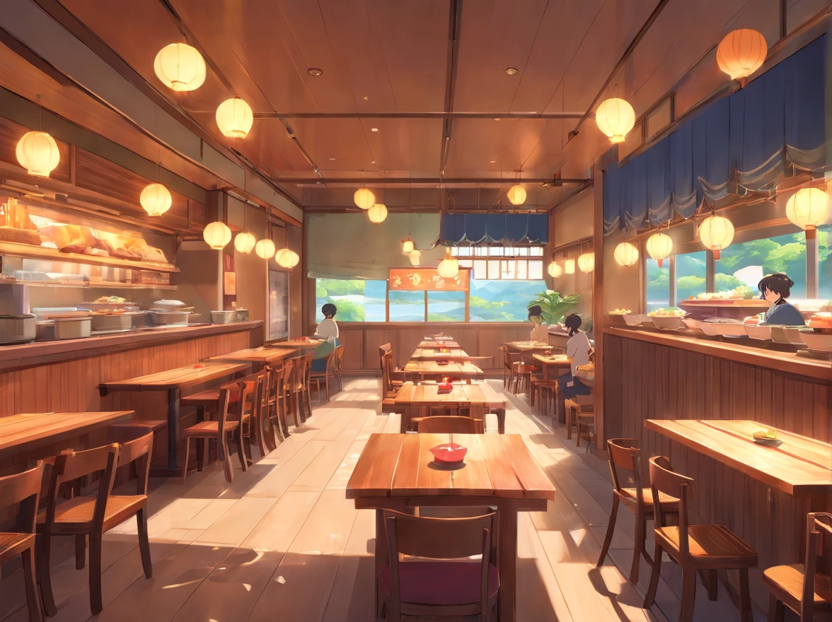 Lots of details, 8K, Fantasy, without people, japanese restaurant, japan, side view, room, table, food, without chairs, Empty room, Table Only, Japanese style