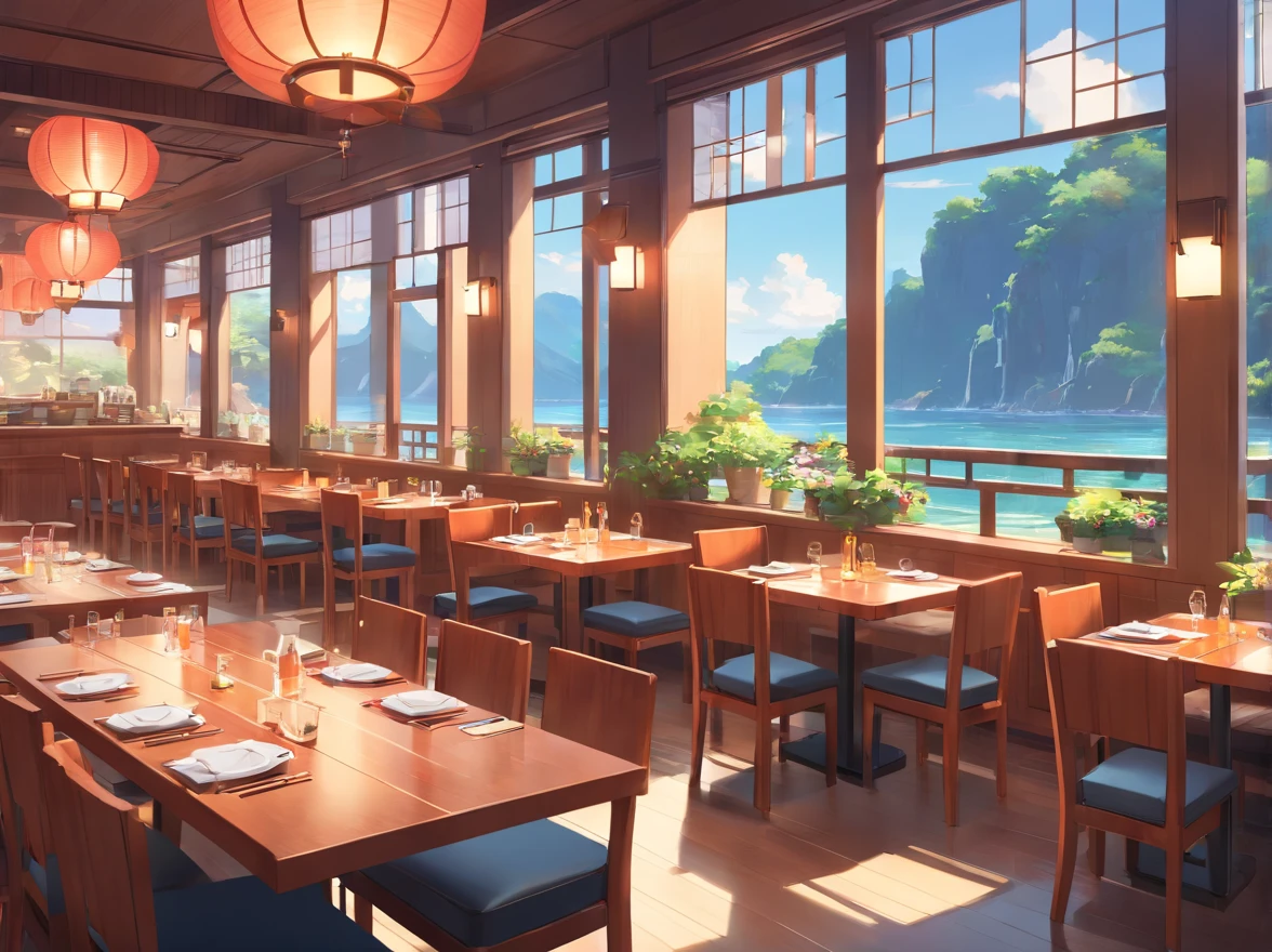 Lots of details, 8K, Fantasy, without people, japanese restaurant, japan, side view, room, table, food, without chairs, Empty room, Table Only, Japanese style