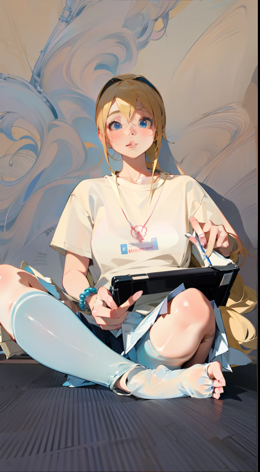 (Masterpiece), (Best Quality), (Ultra-detailed), anime girl, sitting on bench, in class, in school clothes, Upskirt, blonde hair, blue eyes, Shy, Blue bracelet
