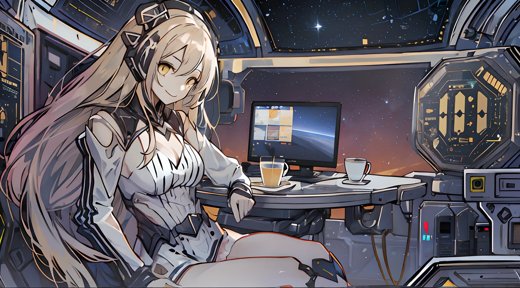 dreamer(girls frontline), 1girl, breasts, solo, black hair, yellow eyes, long hair, sangvis ferri, hair between eyes, medium breasts, android, black dress, pale skin, very long hair, detached sleeves, sitting on the chair, drinking coffee, inside of space station while looking at the stars outside in the background, peaceful, high res, ultrasharp, 8K, masterpiece, smiling warmly