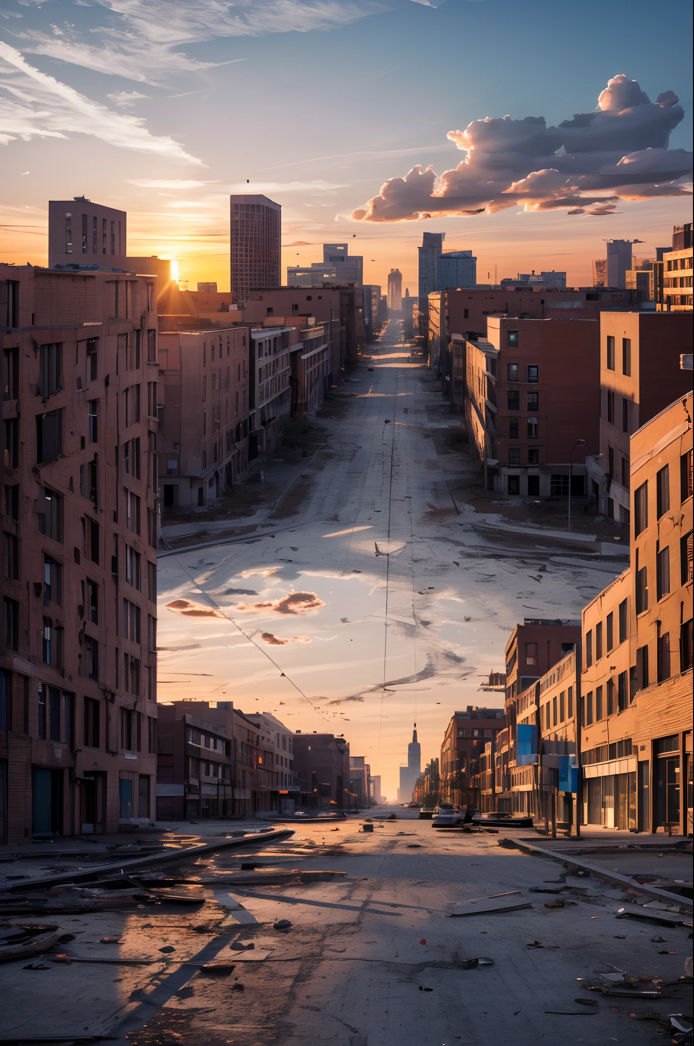 (best quality, highres, HDR:1.2), deserted city at sunset, empty streets, vibrant colors, atmospheric lighting, detailed urban environment, architectural landmarks, peaceful solitude, post-apocalyptic vibes, evening sky, deserted cityscape, cinematic beauty, abandoned buildings, long shadows, tranquil atmosphere