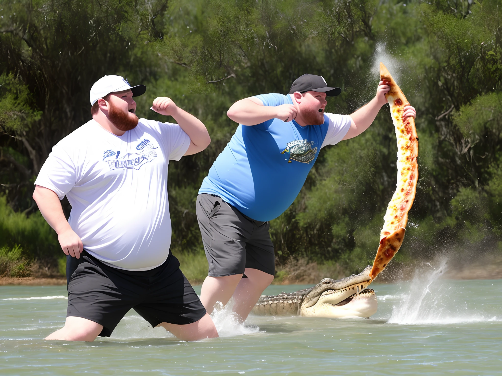 A fat white guy fighting an alligator in water over a pizza