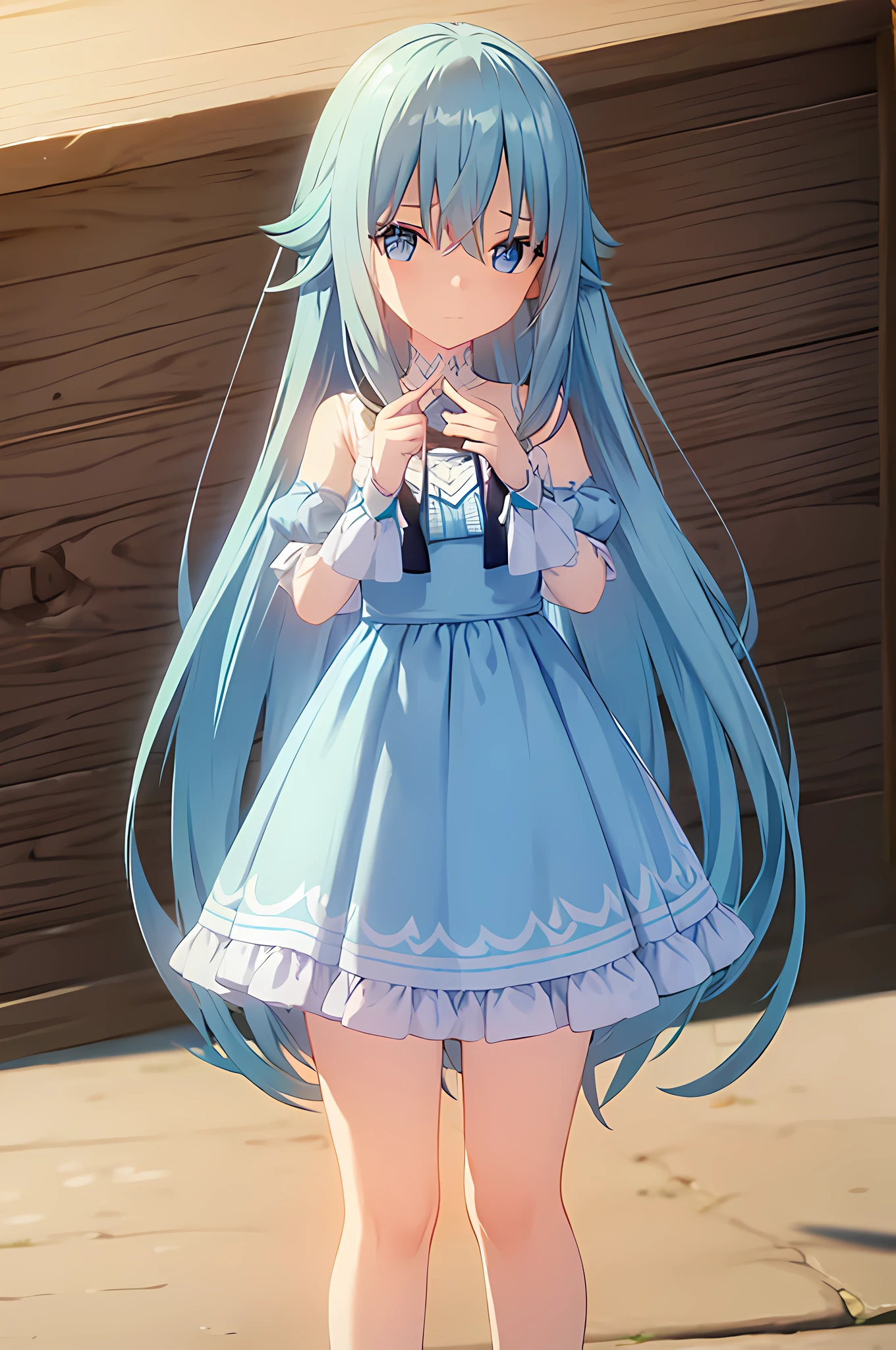 a girl, pretty long blue hair, short blue dress, accesories made of water