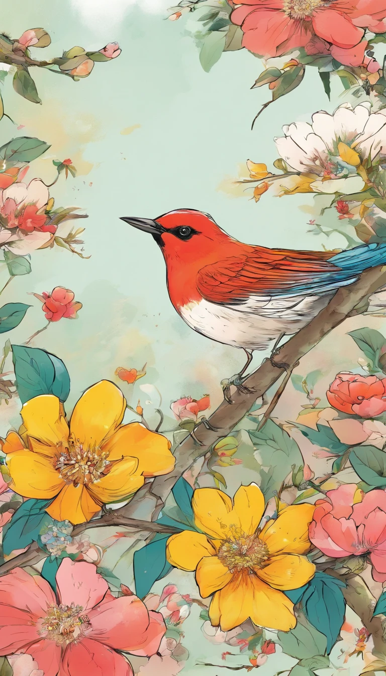birds and flowers, japan manga style, sketching, aquarelle