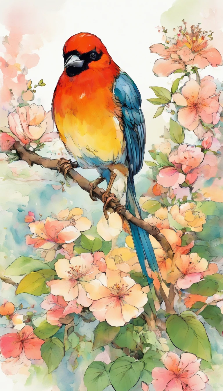 birds and flowers, japan manga style, sketching, aquarelle