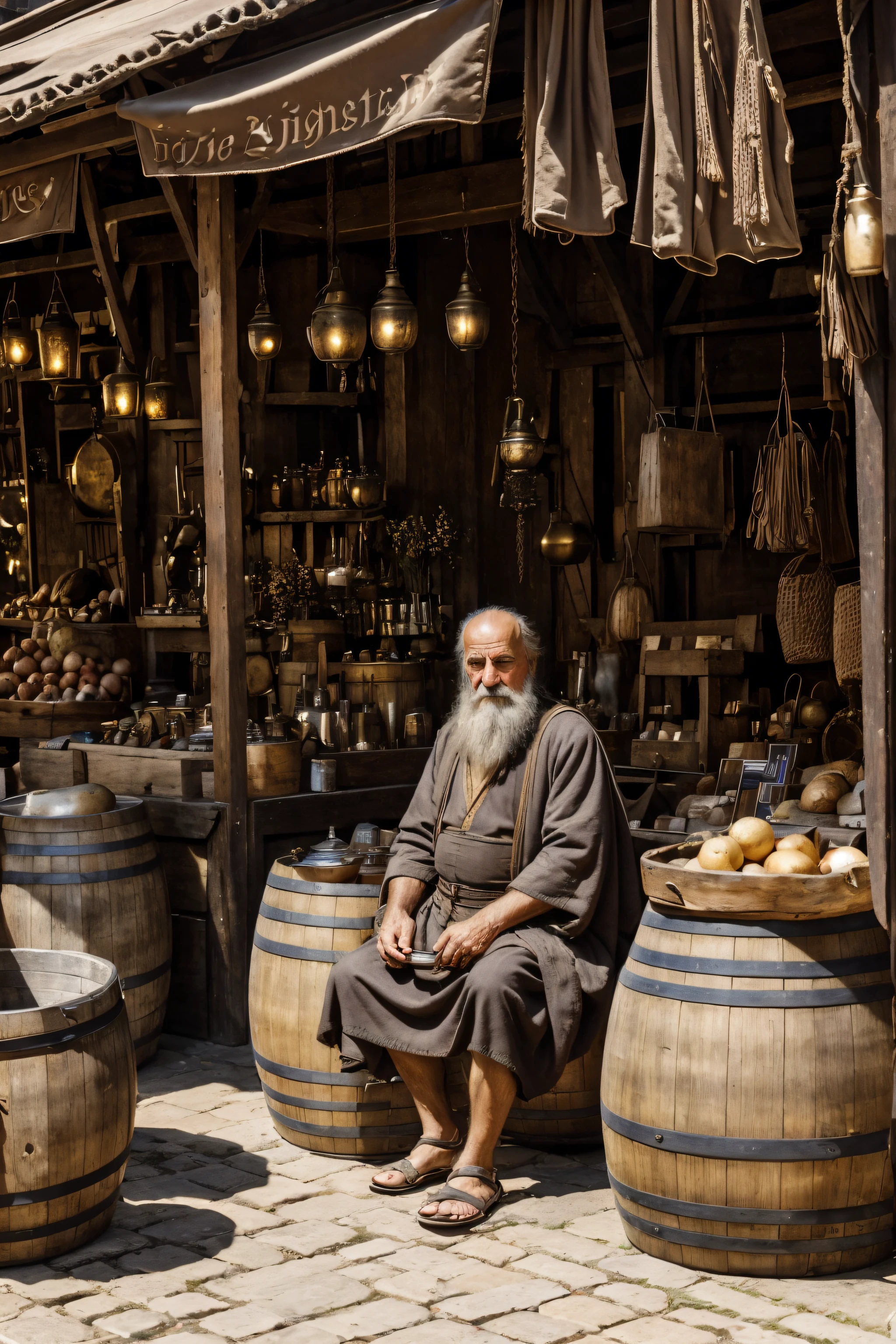 (a wise old philosopher,Diogenes sitting in a barrel in the market place),(highres,best quality,masterpiece:1.2),ultra-detailed,realistic:1.37,portrait,detailed eyes and face,gray beard and hair,robe and sandals,thoughtful expression,aged appearance,deep wrinkles,beard hanging down,bushy eyebrows,bronze-colored barrel,worn-out streets,medieval atmosphere,crowded marketplace,people bustling about,market stalls selling various goods,sunlight streaming through the crowd,shadows and highlights creating dramatic lighting effects