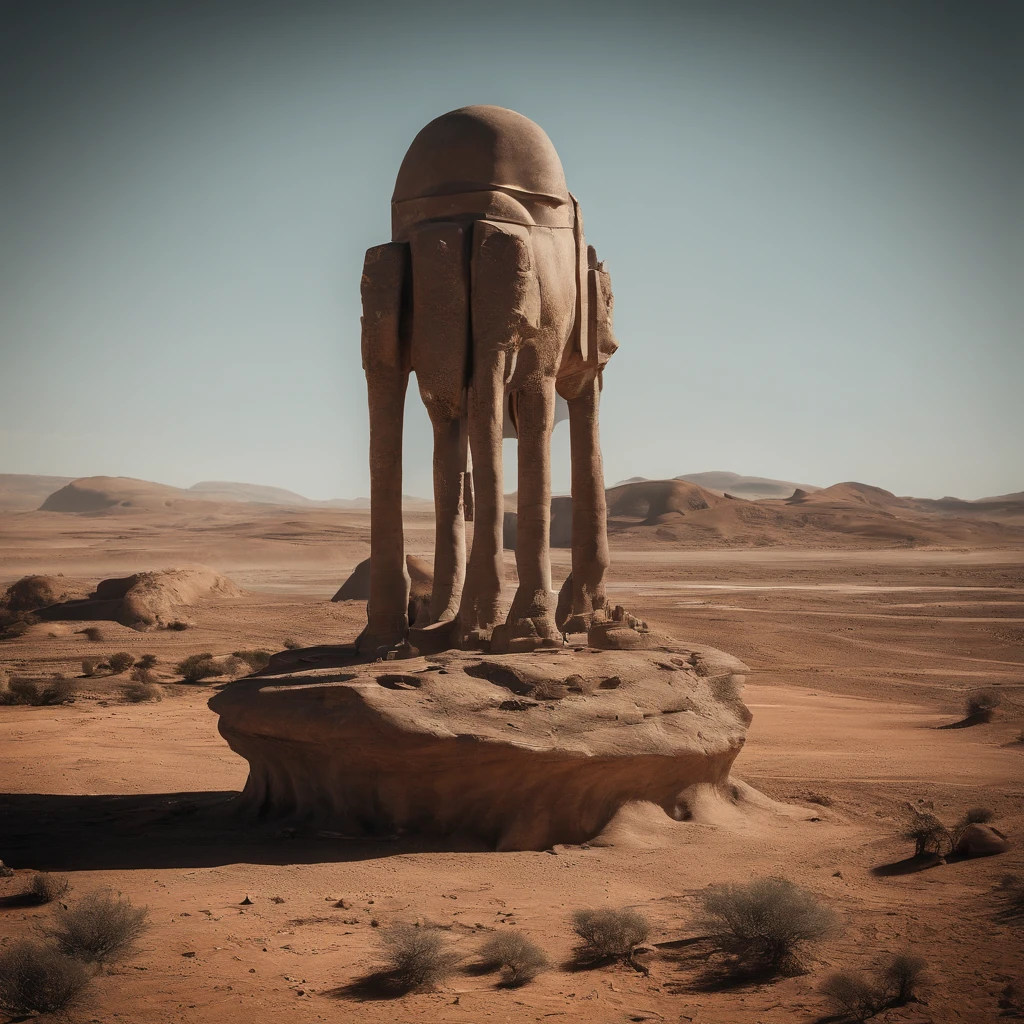 Create an Art Scene, illustrating an alien planet with an obsessive atmosphere of desolation and anxiety. The Planet Must Appear Barren, with a lifeless landscape, causing feelings of loneliness and fear. At the center of this planet, There is a statue in the shape of a giant, erected . The statue is very detailed and realistic.