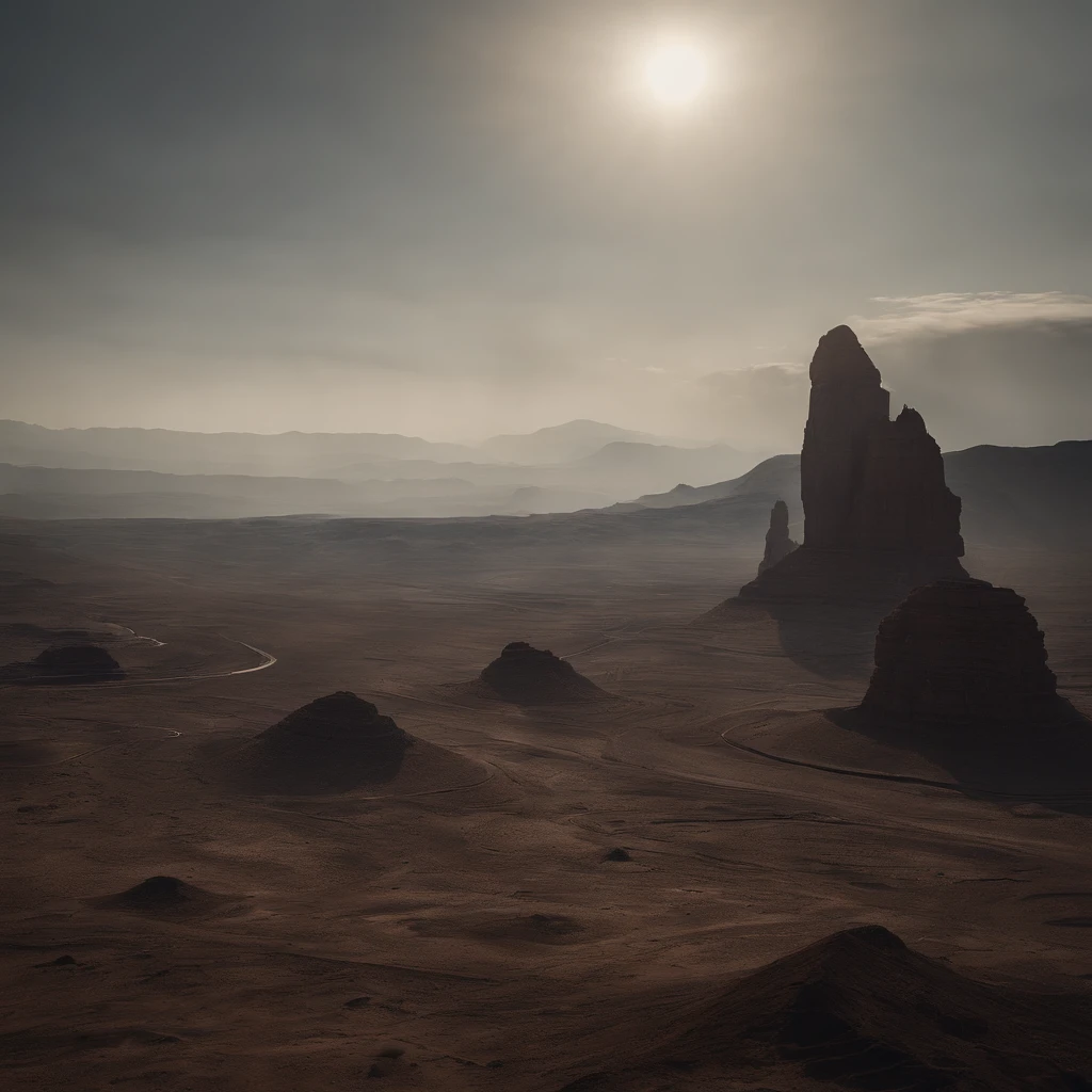 Create an Art Scene, illustrating an alien planet with an obsessive atmosphere of desolation and anxiety. The Planet Must Appear Barren, with a lifeless landscape, causing feelings of loneliness and fear. At the center of this planet, There is a statue in the shape of a giant, erected . The statue is very detailed and realistic.