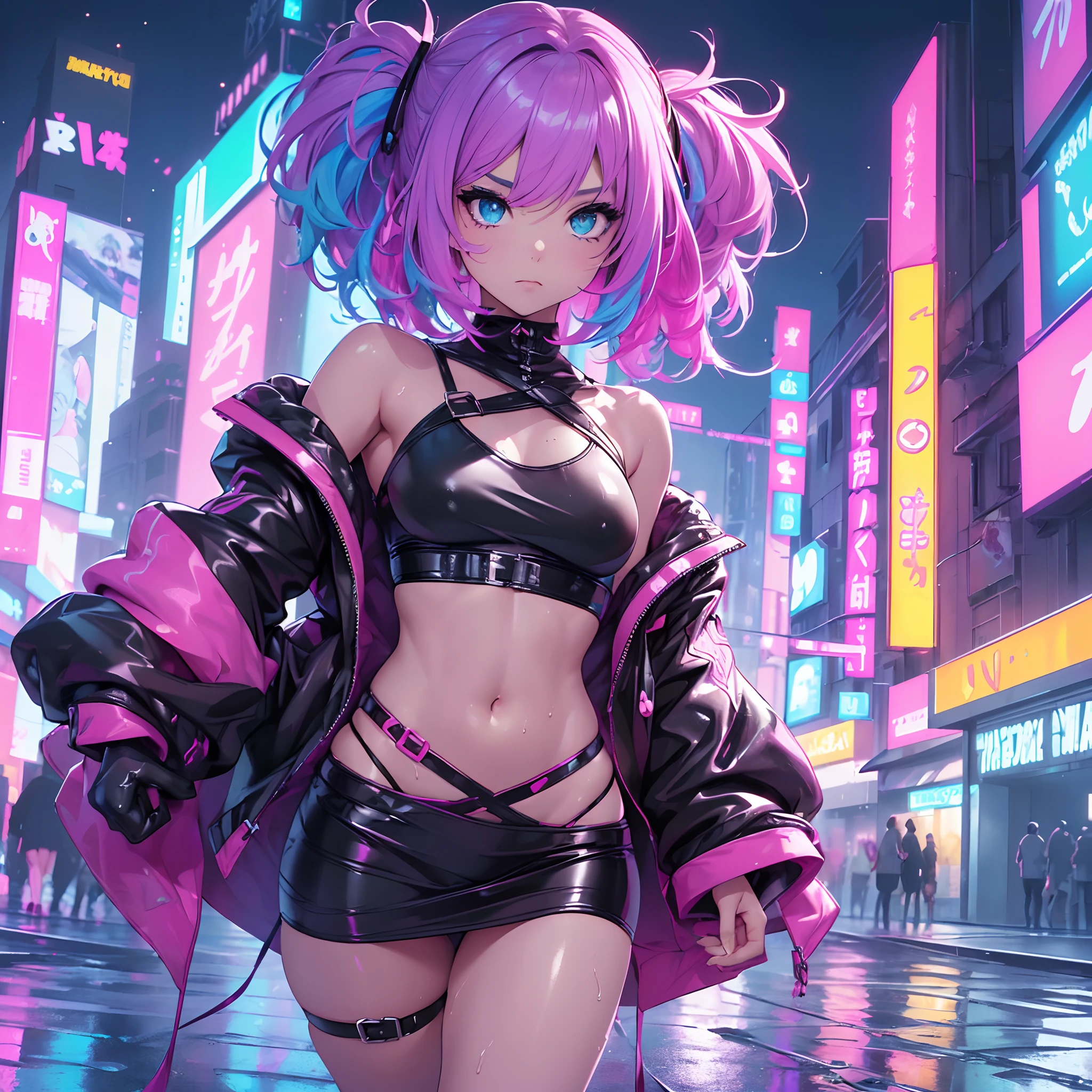 cute cartoon little loli,(((little loli,small tiny body,petite))),(((6 years old))),((extremely cute cartoon girl with liquid paint hair)),

(((flat chest))),(((short hair,liquid paint hair:1.1,neon purple hair|neon pink hair|neon blue hair|neon aqua hair|purple hair|fuchsia hair|fluorescent blue hair|amethyst hair|neon hair|bright pink hair :1.5,bright hair: 1.3,hair made of paint and defies gravity,thick flowing,paint splatter:1.3,shiny hair: 1.3,vibrant colored hair))),((heterochromia:1.5,eye1 purple,eye2 pink,upturned eyes:1.3,perfect eyes,beautiful detailed eyes,finely detailed beautiful eyes:1,symmetrical eyes:1)),((fat)),(((lustrous skin:1.5,bright skin: 1.5,skin tanned,shiny skin,very shiny skin,shiny body,plastic glitter skin,exaggerated shiny skin,illuminated skin,wet legs))),(delicate detailed fingers,detailed body,human hands),

cute,slutty,seductive,erotic,(((nsfw))),

revealing clothing,show skin,(wearing a Neon color theme clothing:1.3,micro clothes,fluorescent and neon clothing,rave fashion,micro crop top,micro skirt,visible thong straps,accessories LED),((wet clothes,detailed outfit,detailed clothes)),

(dynamic pose:1.0),solo focus,embarrassed,(centered,scale to fit dimensions,Rule of thirds),

cyberpunk city by the ocean at night, with bright neon signs and dark stormy clouds and puddles,

High resolution, sharp focus, (ultra detailed, extremely detailed), (photorealistic artwork:1.37), 8k wallpaper,((synthwave background theme)),((vibrant colors)),(intricate),masterpiece,(best quality),An Asian girl, attractive face, pale purple hair, blue inner hair, wearing a short black leather dress with pink designs