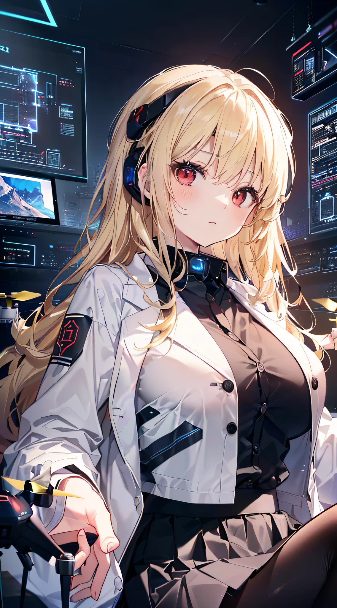 top-quality、Top image quality、masterpiece、girl with((Beautiful fece、18year old、Best Bust、big bast、Bust 85,Red eyes to issue、Breasts wide open,Valley、Blonde long hair、A slender、Outerwear lab coat、Black Y-shirt with open buttons、a black skirt、Black spats,Be at the forefront、sit a chair、Large valleys)hiquality、Beautiful Art、Background with((Cyber Laboratories,Many flying drones、darkened room)),Depth((Numerous monitors))masutepiece、Elaborate design、visualart、depth of fields、
