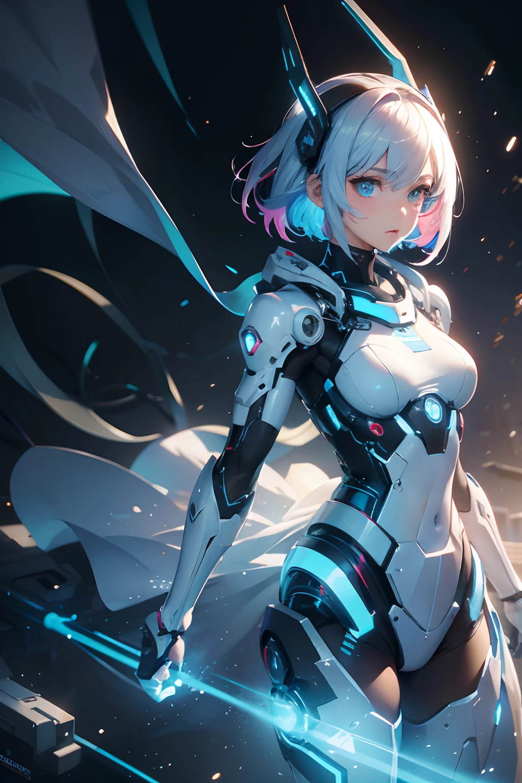 {{masterpiece,Best Work}}, top-quality, Ultra-detailed CG Unity,8k wallpaper, lensflare, Detailed beautiful eyes,Particle,Female Android,Bery short hair,Cool Face,Multicolored mechanical hair,rainbow eyes,heterochromia iridis,Big,White and black machine body,Blue,Exhaling blue light,Inorganic white headgear,(perfectbody),cyberpunked,Inorganic decoration,machine body,cables,perfect hand.