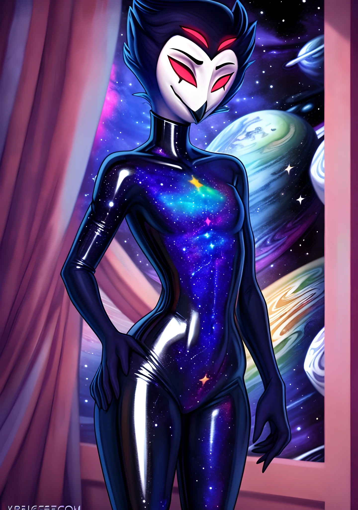 ((masterpiece)), ((8k quality)), (no watermark), stolas, female, mouth closed, detailed bedroom, standing, one hand on his hip, other hand at his side, (solo:1.4), sleek, shiny (((cosmic:1.5))) colored latex suit