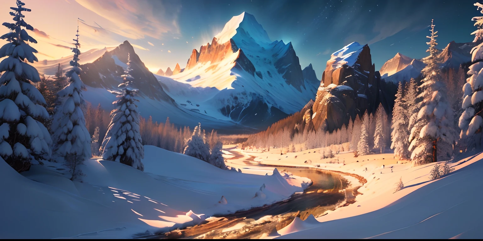 Peak of a. Snowy mountain  morning time cinematic sunlight  bright and warm sunrays crystal clear blue coloured fresh shallow and gently flowing stream from the peak ice melting  very shallow stream originated from The top of the peak voilet coloured mosses growing around ultra hd 8k quality hyper realistic masterpiece