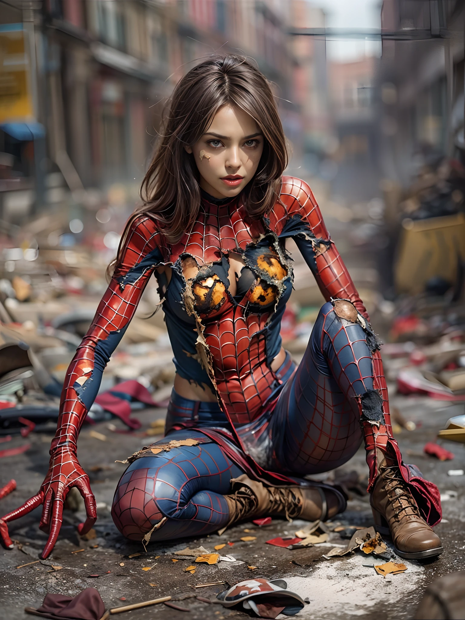 Hyper realistic, 1woman, Beautiful 30 year old woman wearing a skimpy scandalous spider-girl costume, full-body portrait, spider-girl, heroic expression, sexy, brown hair, light hazel eyes, spider-girl boots, costume looks like its been destroyed as if in battle, nearly naked, torn costume, costume is in tatters with lots of holes and tears in it, lots of skin showing, lots of cleavage visible, cleavage, torn clothes, background is post-apocalyptic metropolis, nsfw, high quality, lots of holes in spider-girl top, lots of holes in spider-girl bottom, mostly naked, (Torn Clothes:1.8), (Burned Clothes:1.5), DSLR, hyper realistic photography