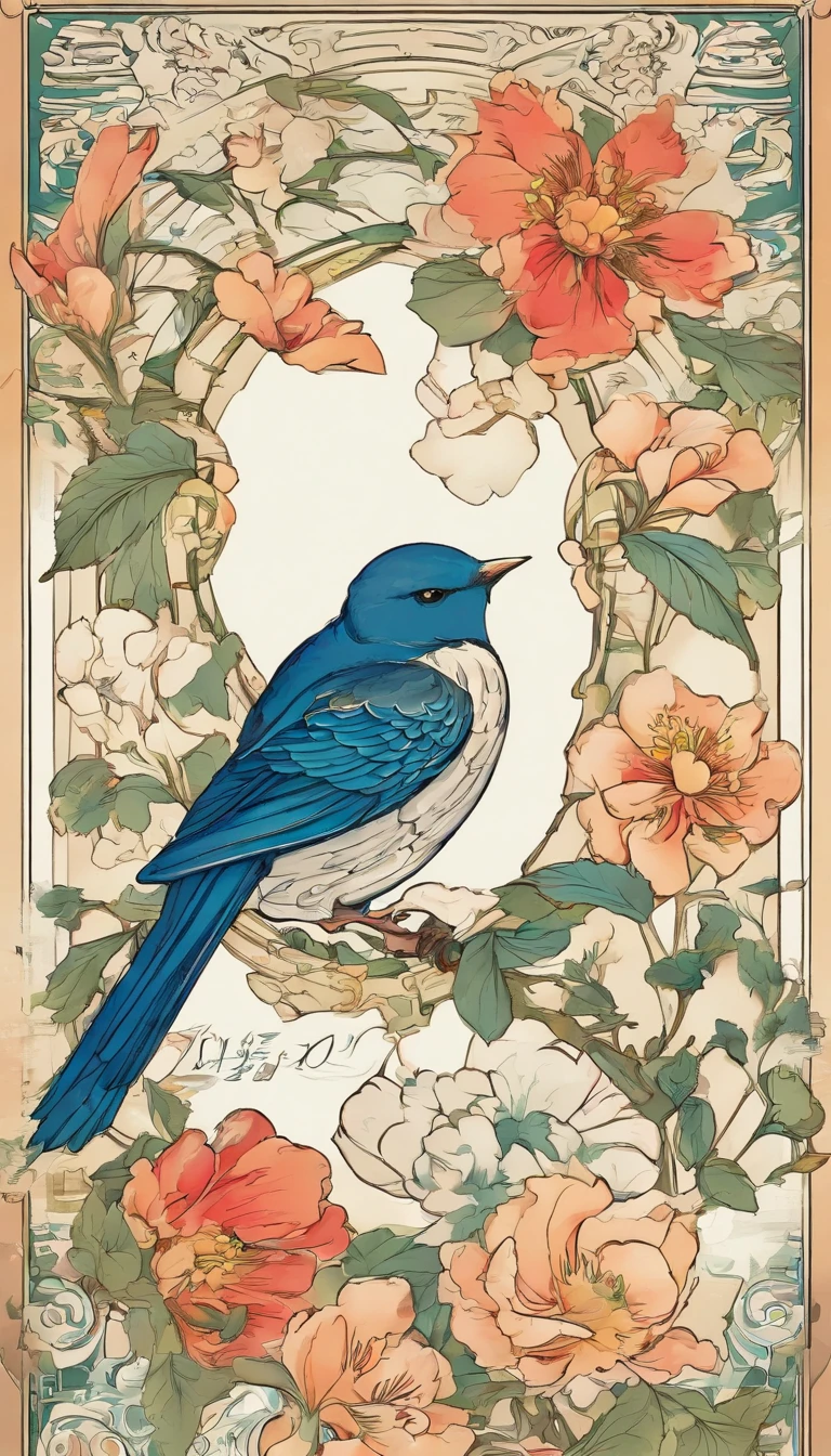 Flowers and birds, japan manga style, sketching, aquarelle