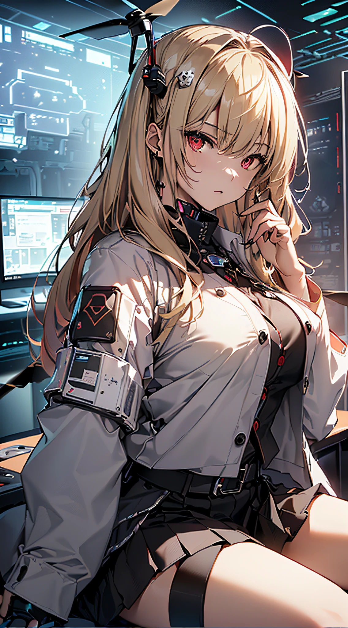 top-quality、Top image quality、masterpiece、girl with((Beautiful fece、18year old、Best Bust、big bast、Bust 85,Red eyes to issue、Breasts wide open,Valley、Blonde long hair、A slender、Outerwear lab coat、Black Y-shirt with open buttons、a black skirt、Black spats,Be at the forefront、sit a chair、Large valleys)hiquality、Beautiful Art、Background with((Cyber Laboratories,Many flying drones、darkened room)),Depth((Numerous monitors))masutepiece、Elaborate design、visualart、depth of fields、