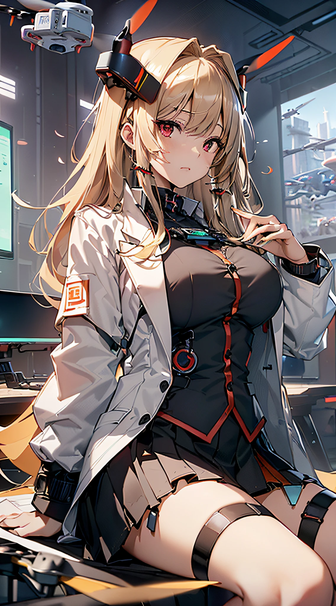 top-quality、Top image quality、masterpiece、girl with((Beautiful fece、18year old、Best Bust、big bast、Bust 85,Red eyes to issue、Breasts wide open,Valley、Blonde long hair、A slender、Outerwear lab coat、Black Y-shirt with open buttons、a black skirt、Black spats,Be at the forefront、sit a chair、Large valleys)hiquality、Beautiful Art、Background with((Cyber Laboratories,Many flying drones、darkened room)),Depth((Numerous monitors))masutepiece、Elaborate design、visualart、depth of fields、