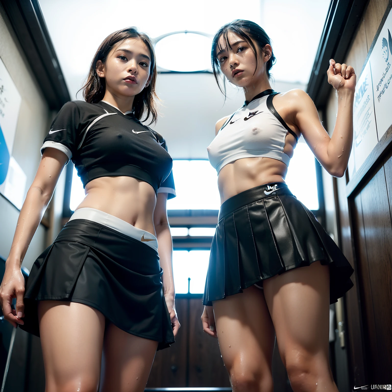 (2girls:1.2), (a detailed full-body RAW photo of a girl), (masutepiece:1.0), (Best Quality:1.4), (超A high resolution:1.2), (Photorealistic:1.4), 8K resolution, Canon EOS R5, 50mm, absurderes, ultra-detailliert, (18 year old), Sharp Focus, Cinematic lighting, Detailed beautiful face, (no-makeup:1.2), (ulzzang -6500-v1.1), petite figure, Detailed skin texture, flat chest, (skinny and fit body:1.6), Detailed brown hair, sweltering,(Very short hair:1.5), (Very thin fit black and white nike short cheerleader uniform:1.5), (tight mini skirts:1.5), (tube top:1.3), (See-through:1.2), realistic glistening skin, (Sweating:1.3), detailed texture, (Japan athletes:1.5), (flat chest:1.5), (nobra:1.2), (Erect nipples:1.3), (Wet body:1.2), (wet uniform:1.5), (Face the front and lift the skirt:1.5), (sheer mini skirt:1.2), (shy girl:1.5), (from below:1.5), (cameltoe:1.3), (upskirts:1.5), (suntan:1.5), (nsfw:1.5)