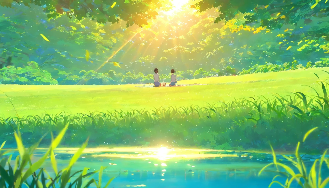 k hd,ssee-through,First perspective,Overlooking,the setting sun,grassy fields,A whole frog,Cartoon anime style,Pale cyan rind,rays of sunshine,Small pond,The fish,Lotus lotus leaves