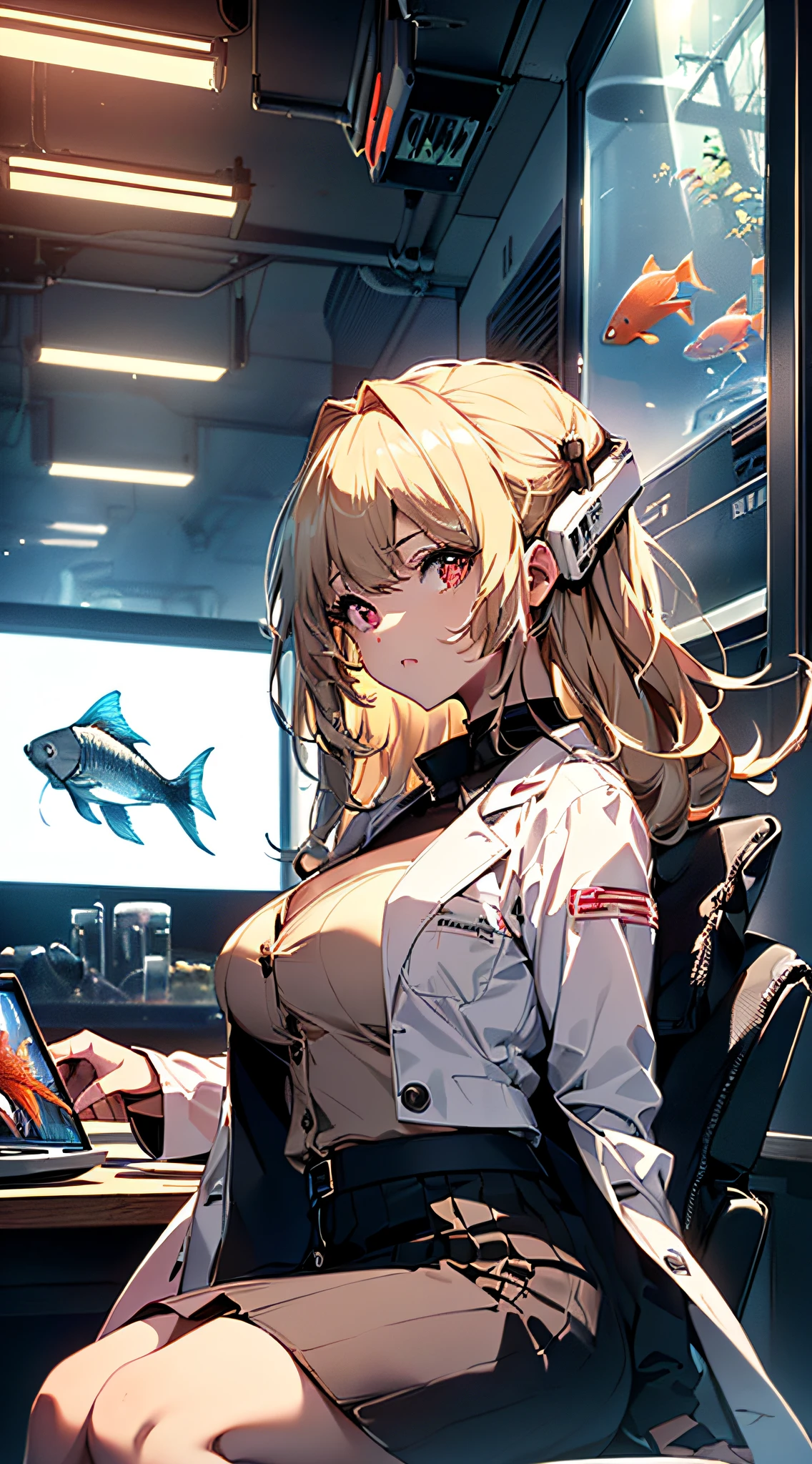 top-quality、Top image quality、masterpiece、girl with((Beautiful fece、18year old、Best Bust、big bast、Bust 85,Red eyes to issue、Breasts wide open,Valley、Blonde long hair、A slender、Outerwear lab coat、Black Y-shirt with open buttons、a black skirt、Black spats,Be at the forefront、sit a chair、Large valleys)hiquality、Beautiful Art、Background with((Cyber Laboratories,Many flying drones、darkened room、Retro Laptops)),Depth((Numerous monitors、fish tank、Half-built Android))masutepiece、Elaborate design、visualart、depth of fields、