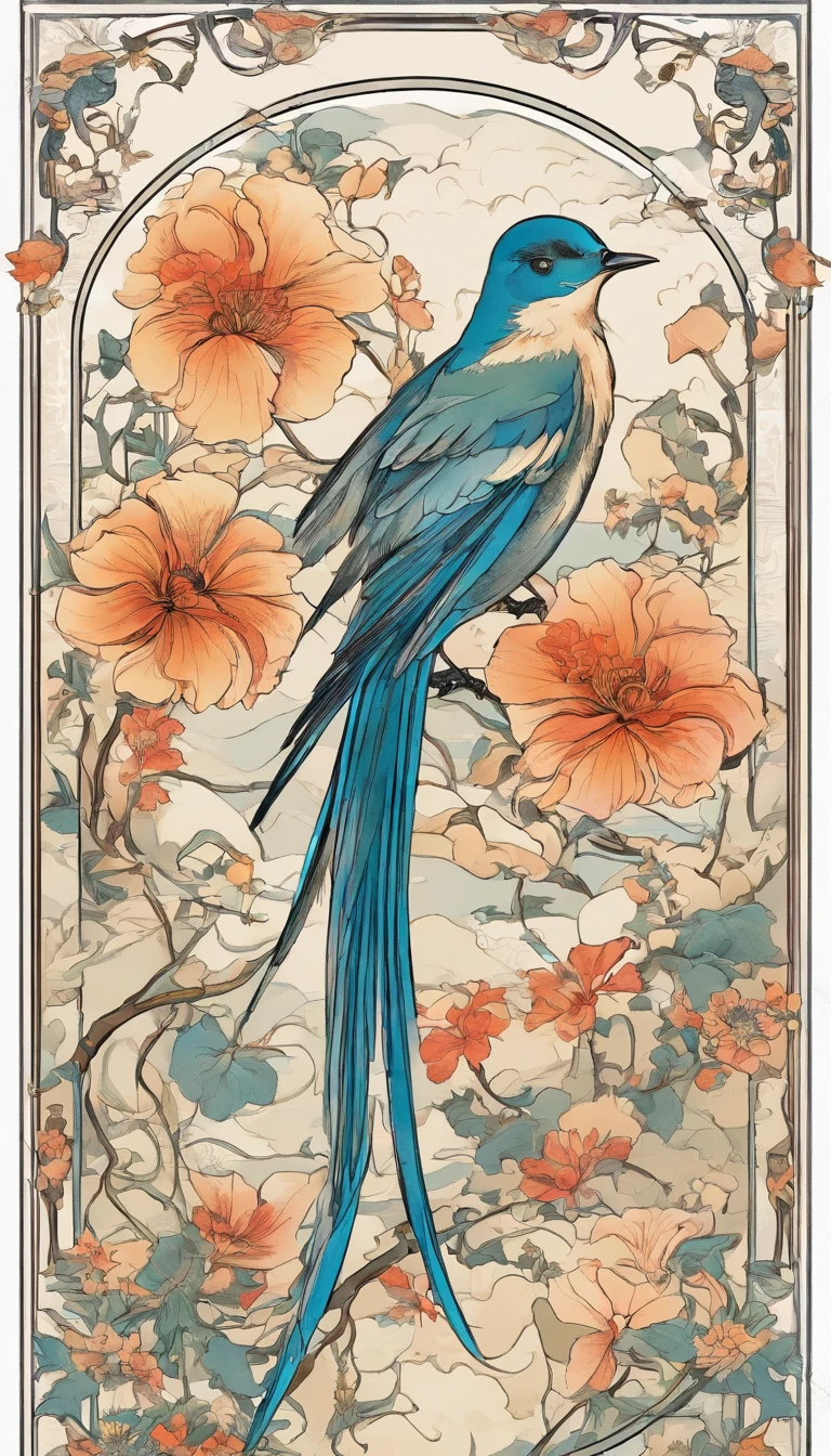 Flowers and birds, japan manga style, sketching, aquarelle
