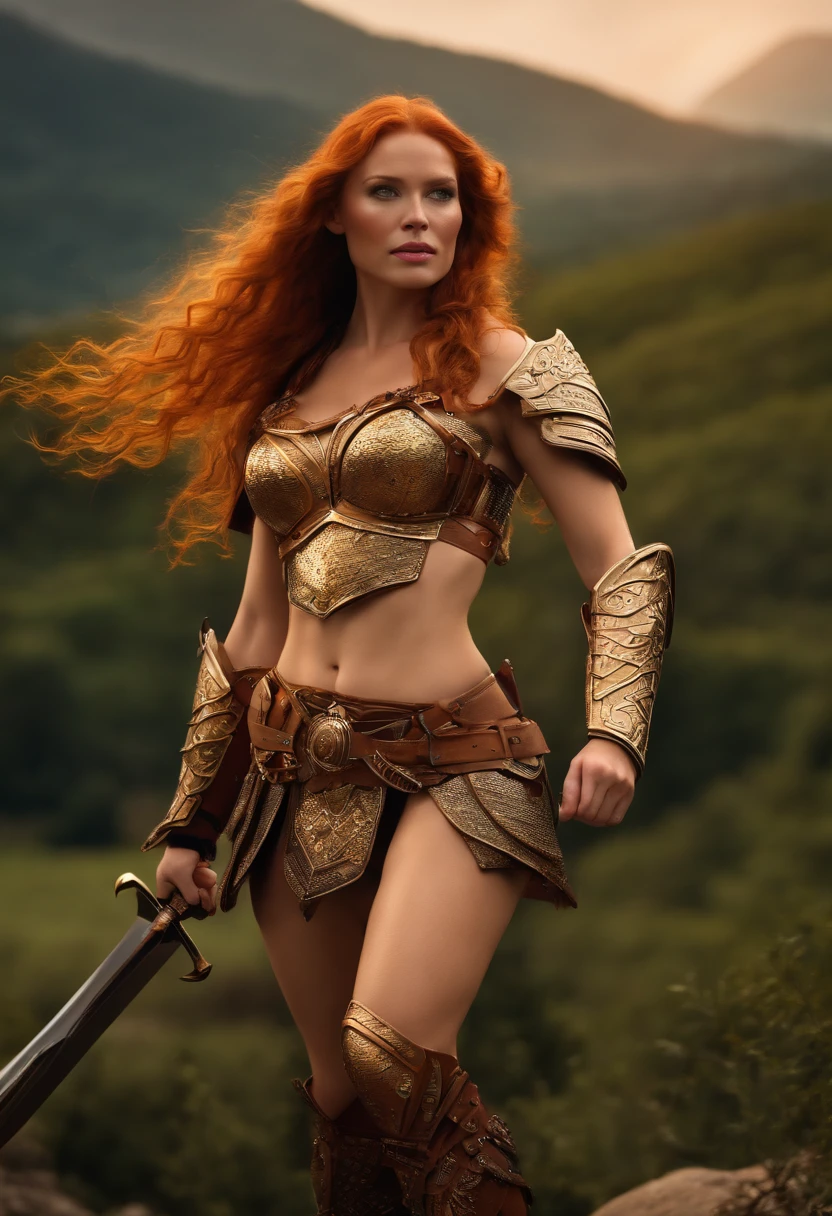 A photo of Red Sonja standing on the battlements of an ancient castle, gazing out at the surrounding kingdom with her sword at her side.,original,Long red hairy green eyes, beautifull face. Slim body. Large curves barely covered by a bikini madexof chainmail, leather boots and gloves, a sword
