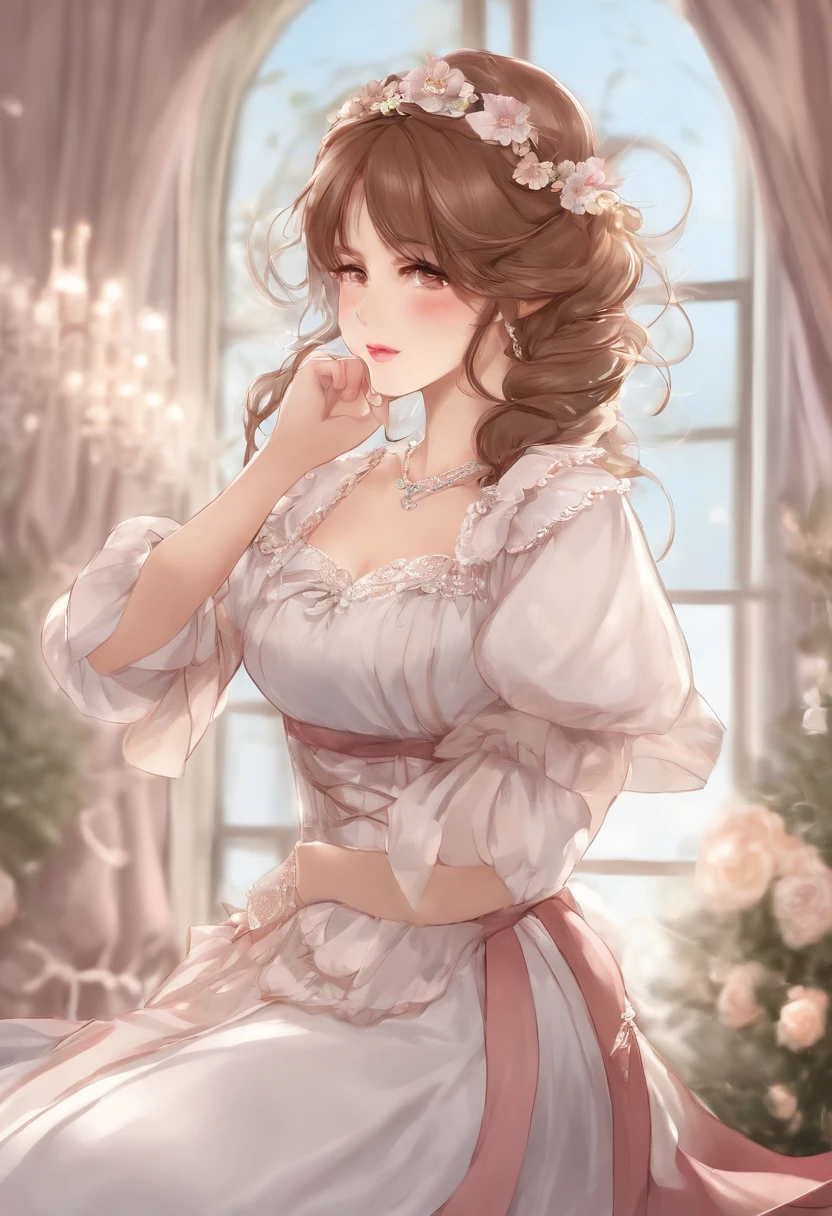 1girl, avental, arco, ornamento de cabelo do cubo, vestir, Frescuras, obscuridade (expression), ornamento de cabelo, Heart, heart hands, cabelos longos, Desviando o olhar, maid, maid apron, cocar de empregada, Maria Janes, um lado para cima, cabelo rosa, rosto sombreado, SHOES, vestido curto, sozinho, gota de suor, coxas, coxas brancas, Zettai Ryouiki,
