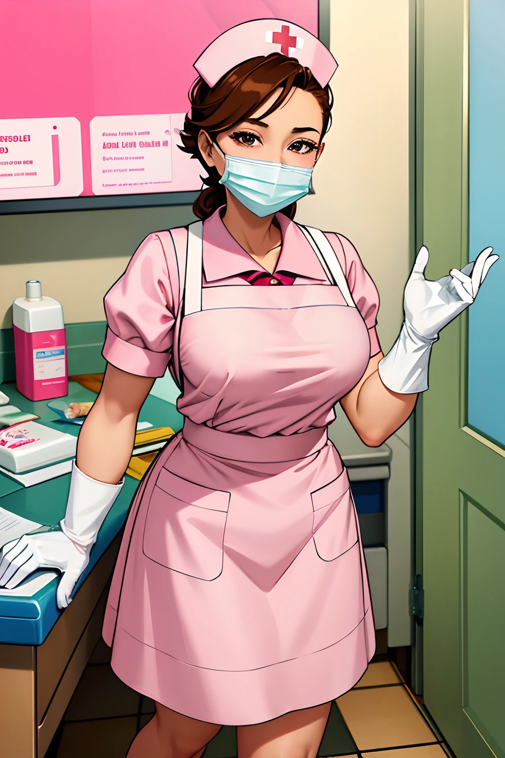 1womanl, Dental hygienist, Nurse Cap, Whiteware, Floral apron，((Skirt below the knee)), Cream-colored rubber gloves, Brown Hair, Eyes are brown, Pink Surgical Mask, Smile, Standing, ((Hospital Room)), sharp outline, puff sleeves, maturefemale, 35 years old, Best Quality, masutepiece