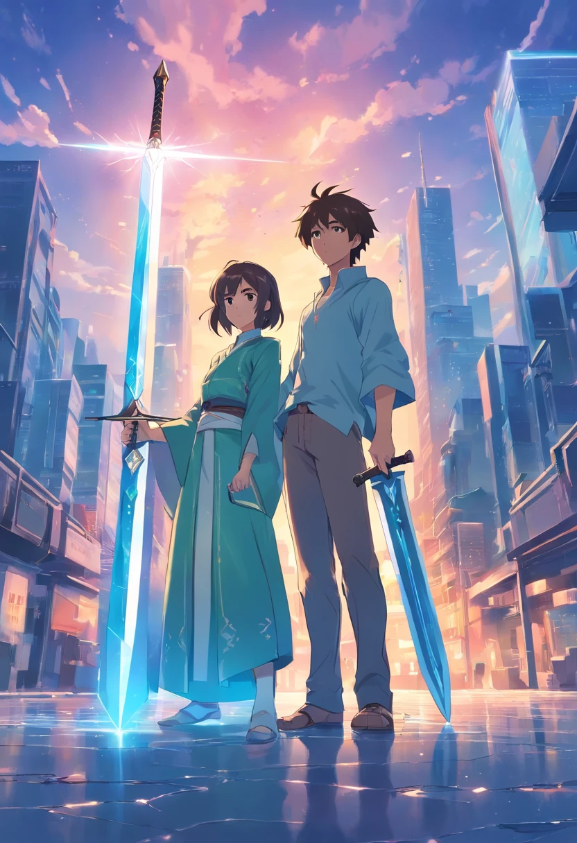 My World；Steve holding the diamond sword，Alex holds an iron sword and has a large chest