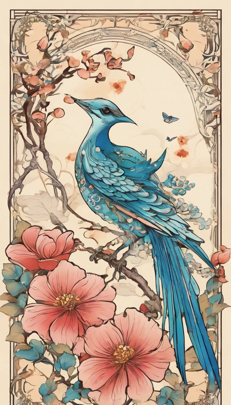 Flowers and birds, japan manga style, sketching, aquarelle