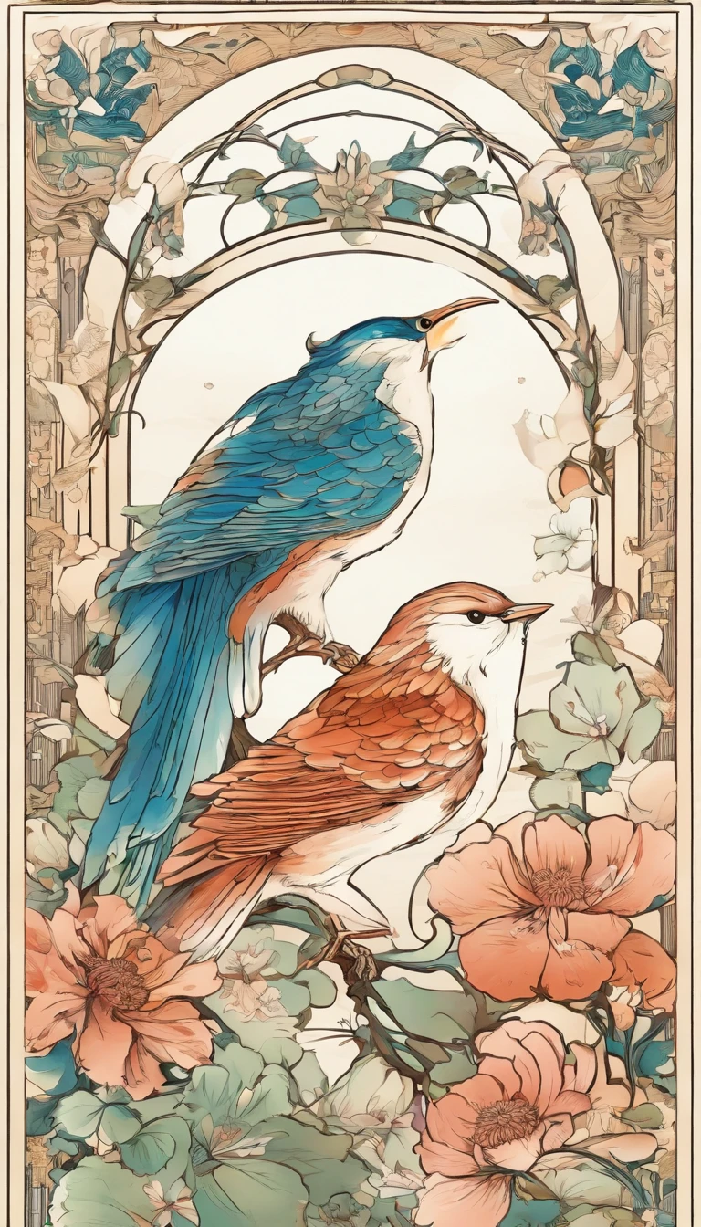 Flowers and birds, japan manga style, sketching, aquarelle