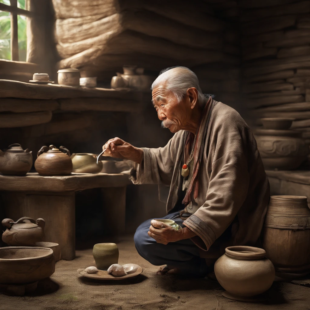 An old grandfather of the Zhuang tribe drinks tea in an earthen house，There is a frog next to it