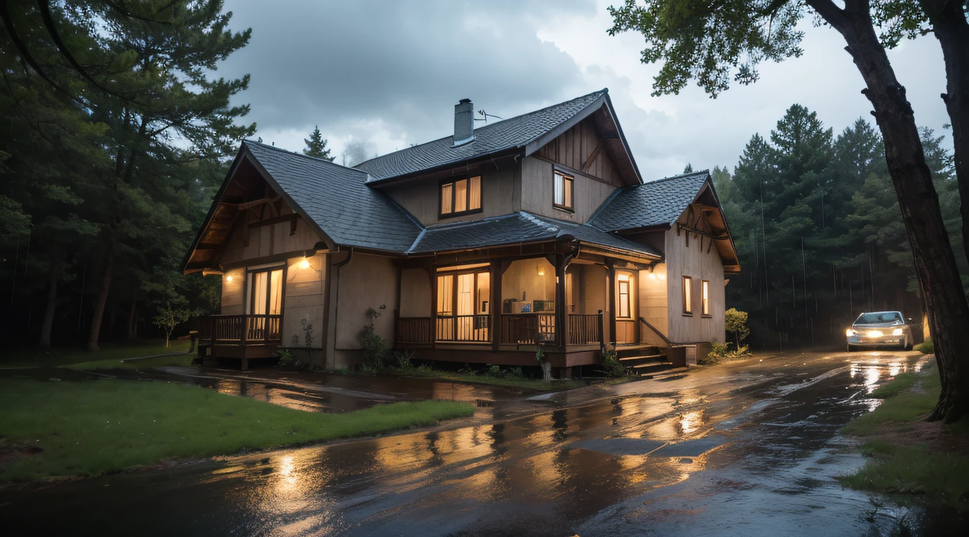 High Quality, Best Picture Quality, Best Quality, High Quality, 8K, 16K, 32K, (Outside a house in the middle of the forest), Night, Dimm, Fear, lack of light, rain, lightning, forest, ((Long Shot)), ((house focus)), golden layout, ((rainy)), dust, grass, ground, tree