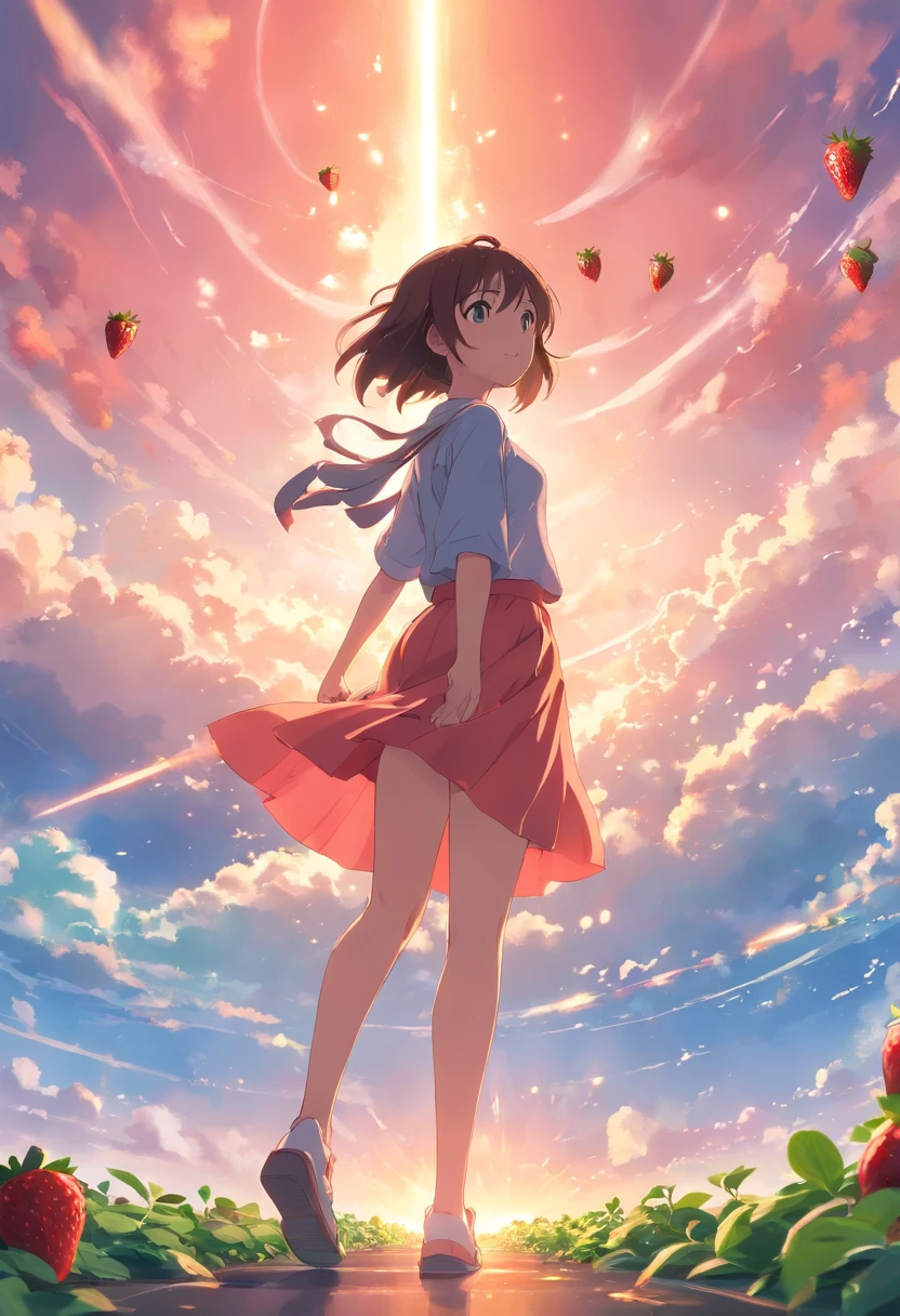 masterpiece、top-quality、Movie stills、Cloud Girl、floating in sky、a closeup、发光、happiness、Warm soft lighting、Strawberries,burn,Melt,fire,burning,Ultra high image quality,realisitic,