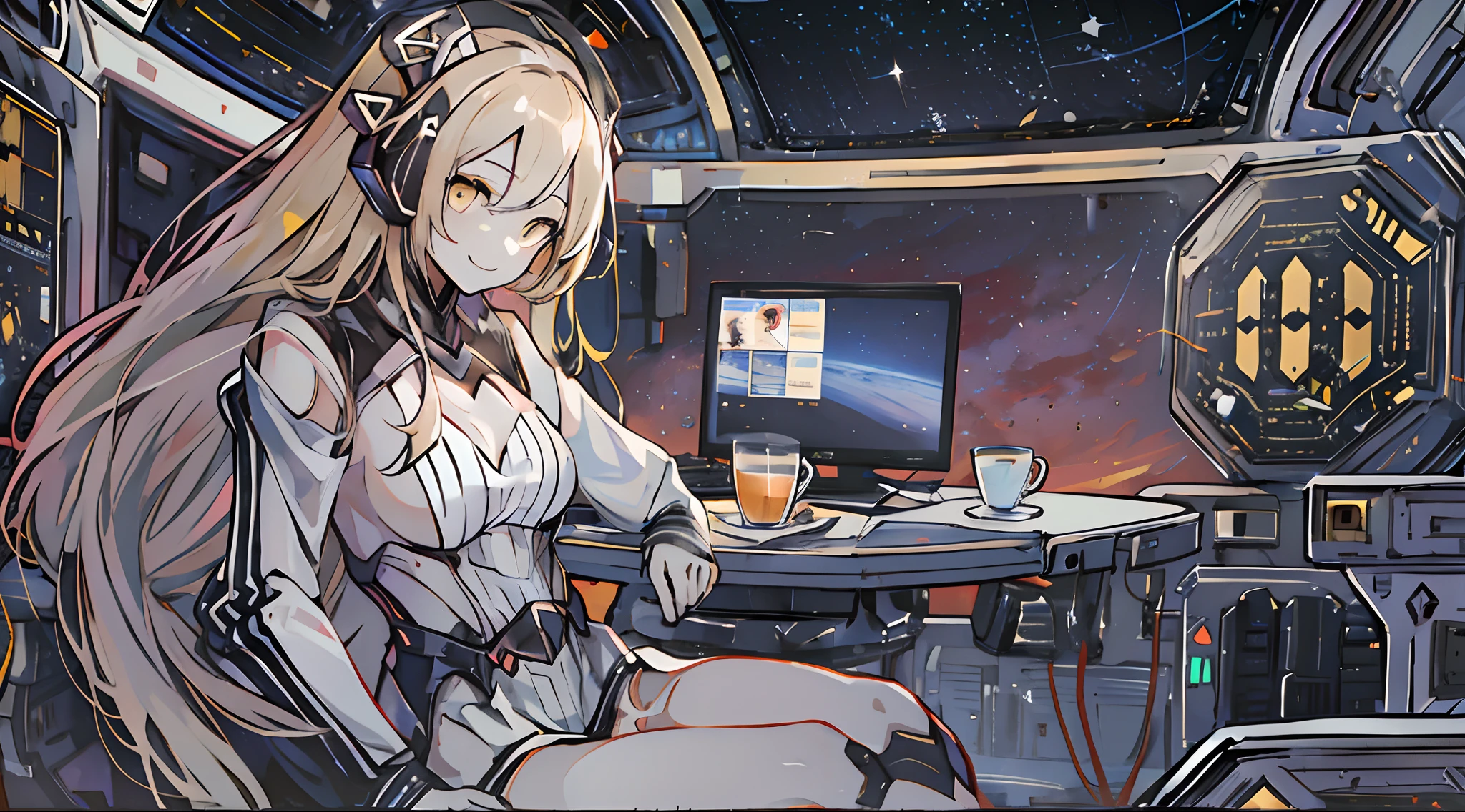 dreamer(girls frontline), 1girl, breasts, solo, black hair, yellow eyes, long hair, sangvis ferri, hair between eyes, medium breasts, android, black dress, pale skin, very long hair, detached sleeves, sitting on the chair, drinking coffee, inside of space station while looking at the stars outside in the background, peaceful, high res, ultrasharp, 8K, masterpiece, smiling warmly