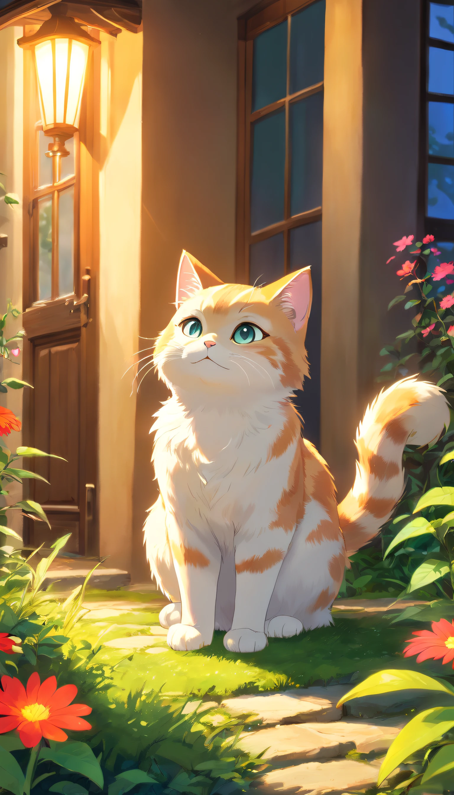(top-quality,4K,8K,A high resolution,tmasterpiece:1.2),ultra - detailed,(Realist,Photorealist,Photorealist:1.37),Beautiful fece,A detailed eye,Detailed lips,The is very detailed,Beautiful fece,Naughty cat in the garden,brightened light,brightened light,magic lighting,Cute 3d rendering,Beautiful artwork,Bright lights,Amazingly bright light,beautiful digital art,adorable digital art,Cute cat,Capricious cat,Charming bright light,Engaging digital art,Beautiful and shiny creatures,Cute whimsical cat,Magic scene cat's paw raised sideways