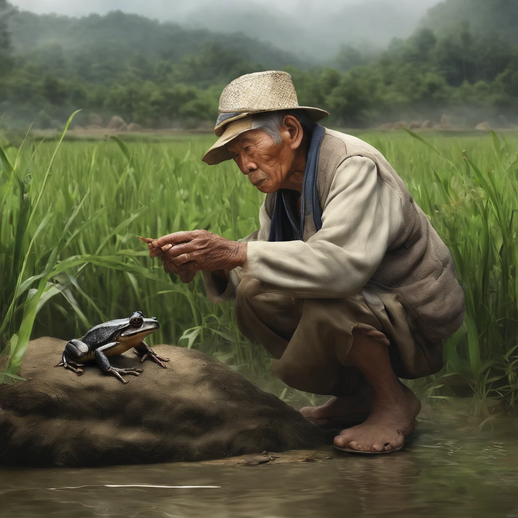An old grandfather of the Zhuang tribe took a boy to look for frogs in the field