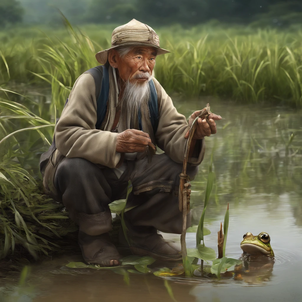 An old grandfather of the Zhuang tribe took a little boy to look for frogs in the field