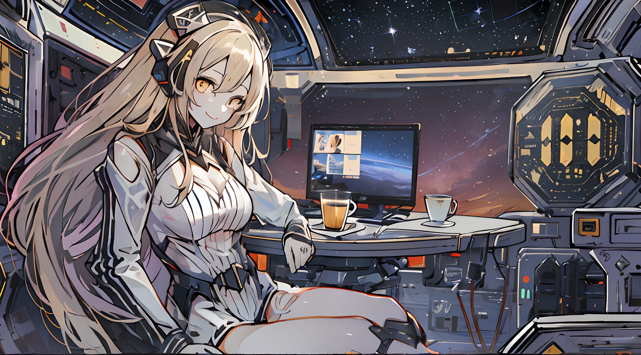 dreamer(girls frontline), 1girl, breasts, solo, black hair, yellow eyes, long hair, sangvis ferri, hair between eyes, medium breasts, android, black dress, pale skin, very long hair, detached sleeves, sitting on the chair, drinking coffee, inside of space station while looking at the stars outside in the background, peaceful, high res, ultrasharp, 8K, masterpiece, smiling warmly